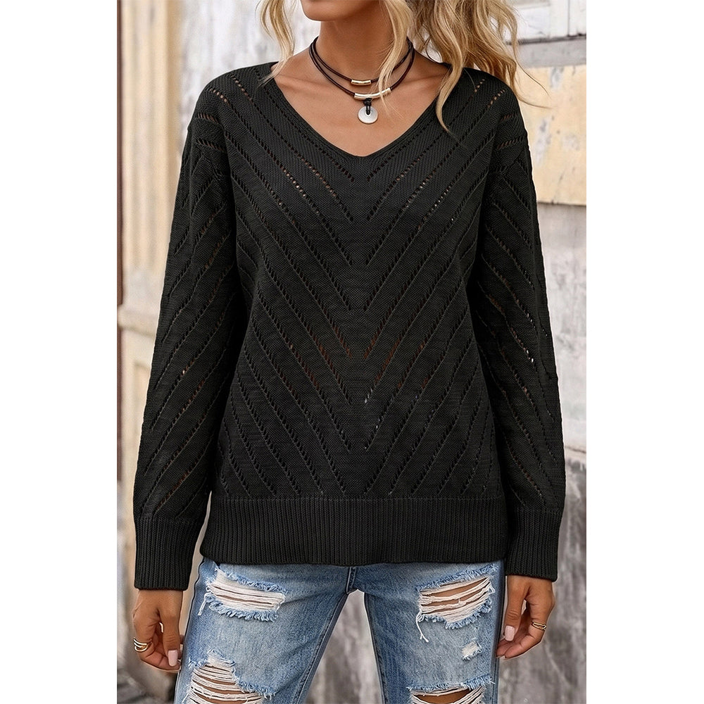 Attraco Women's Open Knit V Neck Sweater Long Sleeve Lightweight Hollow Out Pullover Top