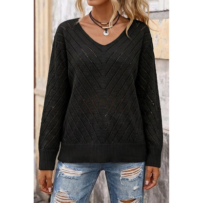 Attraco Women's Open Knit V Neck Sweater Long Sleeve Lightweight Hollow Out Pullover Top