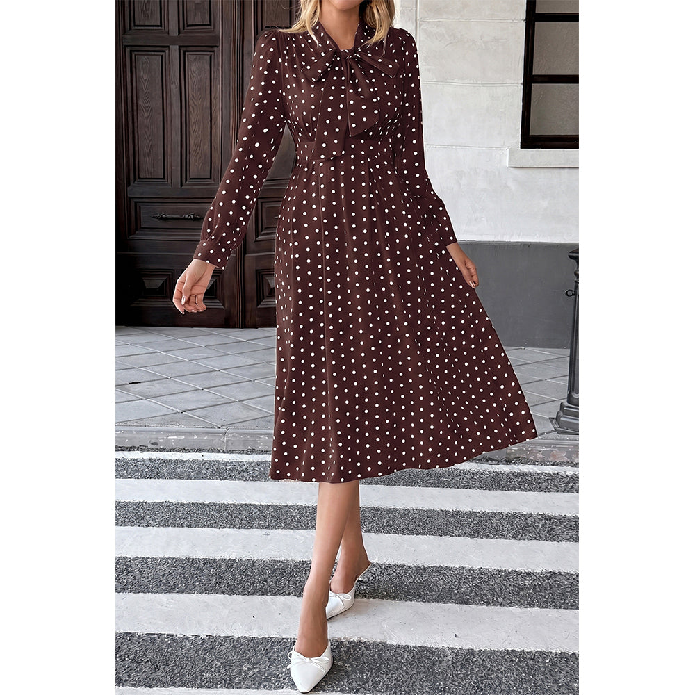 Attraco Women Bow Tie Neck Long Sleeve Polka Dot Midi Dress
