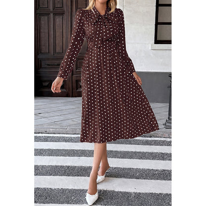 Attraco Women Bow Tie Neck Long Sleeve Polka Dot Midi Dress