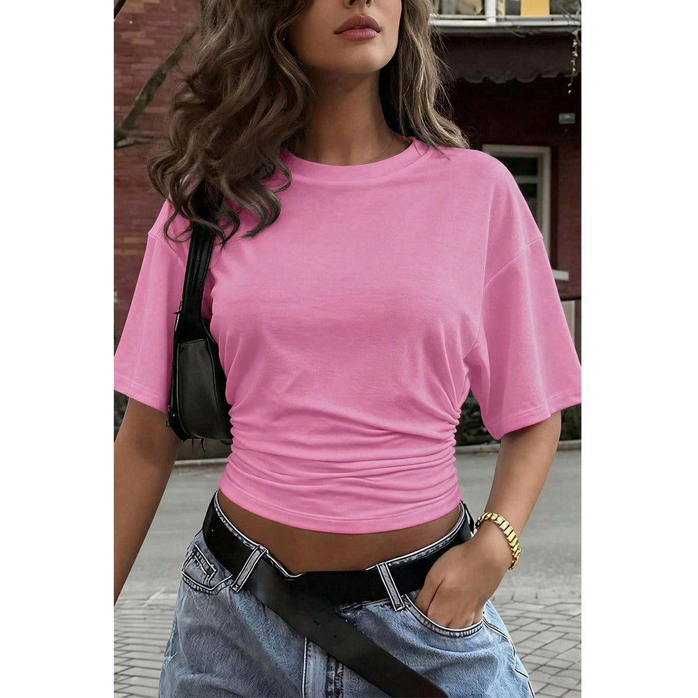 Attraco Women's Crew Neck Short Sleeve Side Ruched Cropped Casual T-Shirt Casual Summer Tops