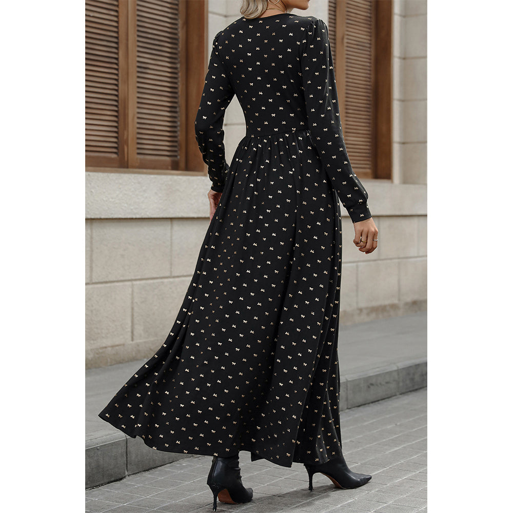 Attraco Women Lace Trim V Neck Allover Bow Print Long Sleeve Side Slit Maxi Dress