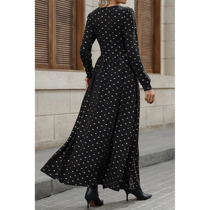 Attraco Women Lace Trim V Neck Allover Bow Print Long Sleeve Side Slit Maxi Dress