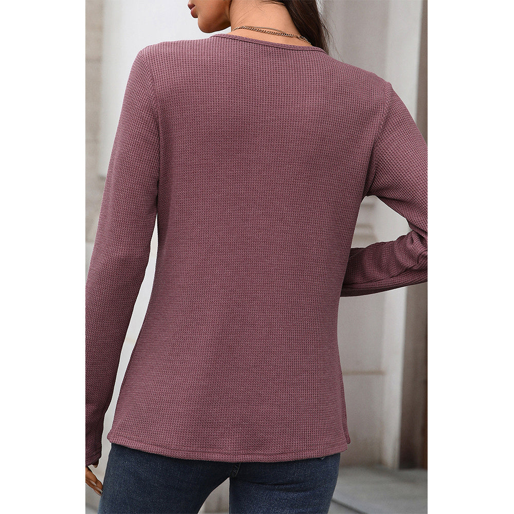 Attraco Women's Long Sleeve Henley Top Textured Knit Casual Shirt with Button Front