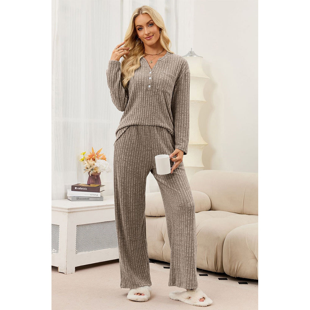 Attraco Women's Ribbed Pajama Set 2 Piece Lounge Set Long Sleeve Henley Top Wide Leg Pants Soft Knit Sleepwear