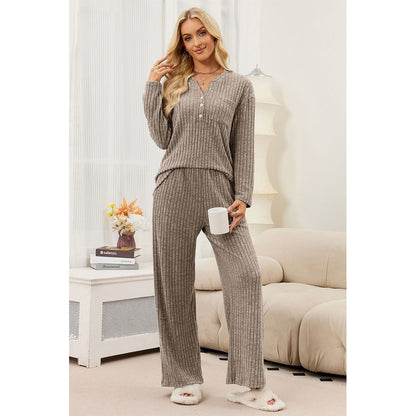 Attraco Women's Ribbed Pajama Set 2 Piece Lounge Set Long Sleeve Henley Top Wide Leg Pants Soft Knit Sleepwear