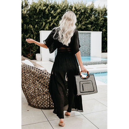 Charmo Women's Short Sleeve Maxi Cover Up Dress with Cutout Waist Drawstring & Side Slits