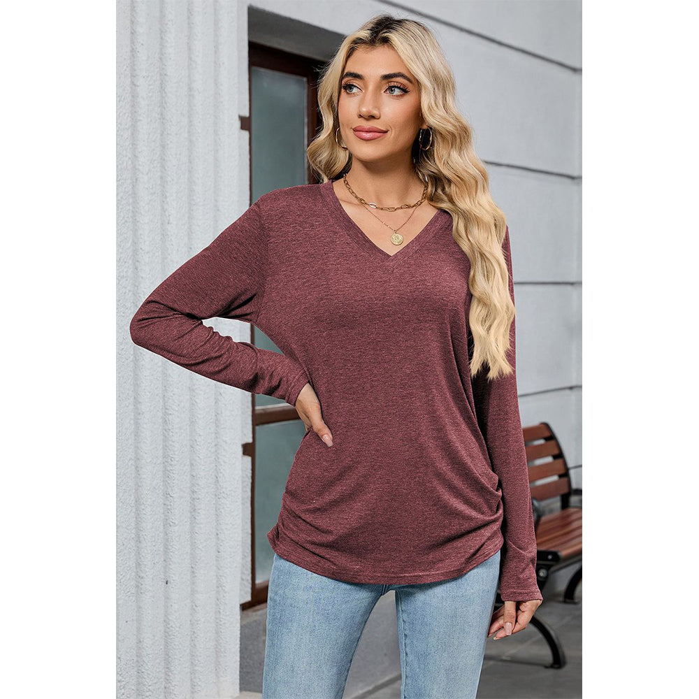 Attraco Women's Long Sleeve V Neck Tunic Top Soft Stretch Casual Shirt with Side Ruched Detail