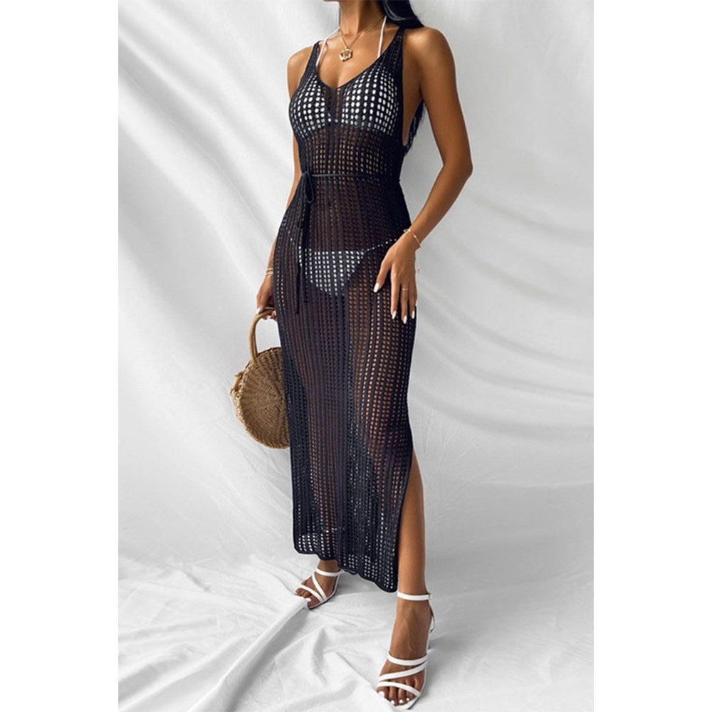 Charmo Women's Crochet Sleeveless Backless Maxi Cover Up Dress with Waist Drawstring & Side Slit