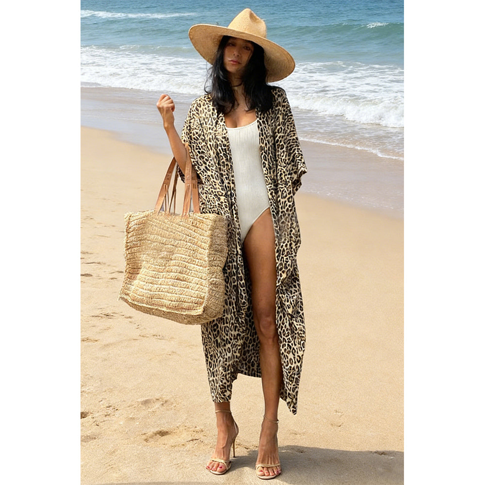 Charmo Women's Leopard Print Kimono Style Open Front Tie Waist Cover Up Swimming Maxi Dress