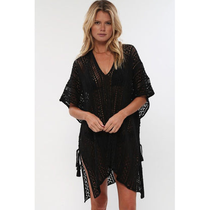 Charmo Women's Crochet Hollow Out V-Neck Side Slit Cover Ups With Asymmetrical Hem