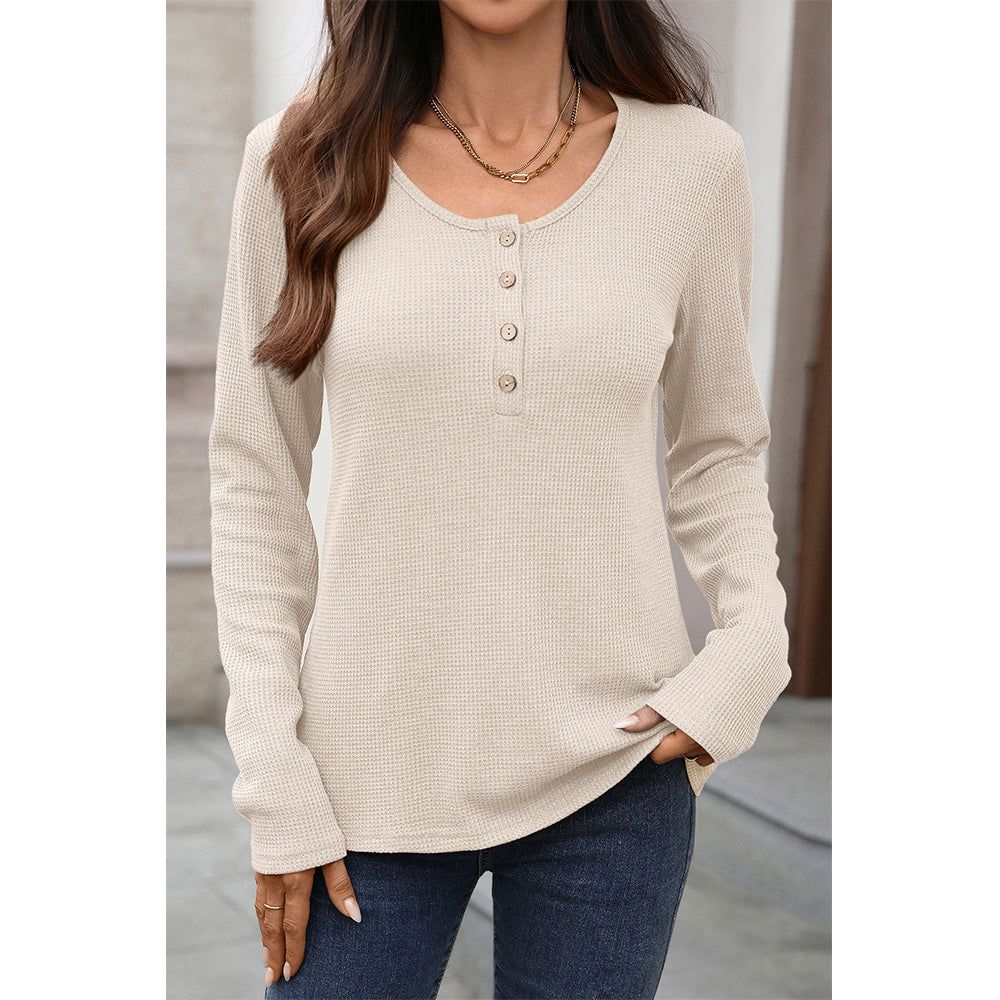 Attraco Women's Long Sleeve Henley Top Textured Knit Casual Shirt with Button Front