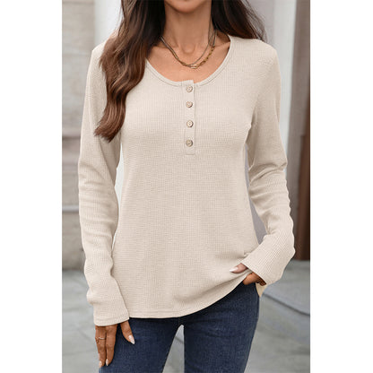 Attraco Women's Long Sleeve Henley Top Textured Knit Casual Shirt with Button Front