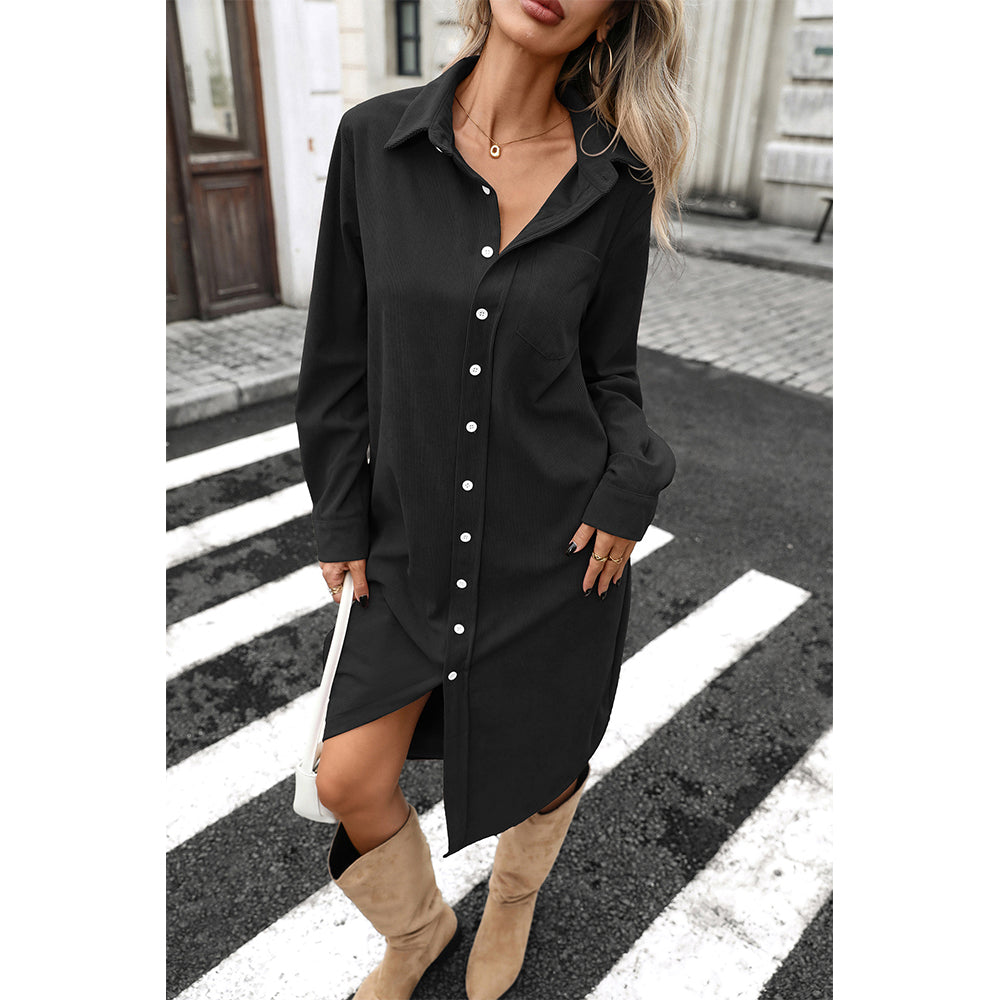 Attraco Women's Corduroy Shirt Dress, Solid Long Sleeve Button-Down Long Dress with Collar