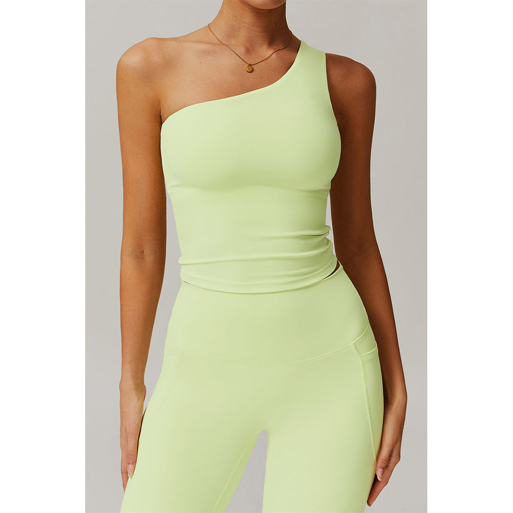 Attraco Women's One Shoulder Ruched Cropped Sports Tank Top with Removable Pads Yoga Tops