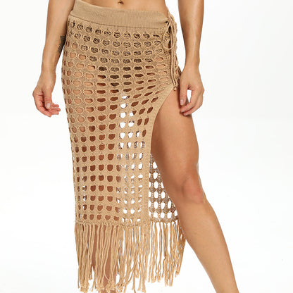 Charmo Women's Crochet Openwork Slit Hem Fringe Beach Cover Up Skirt