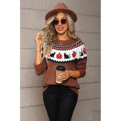 Attraco Women's Halloween Pumpkin & Black Cat Fair Isle Sweater Long Sleeve Crewneck Knit Pullover Fall Holiday Cozy Lightweight Sweater