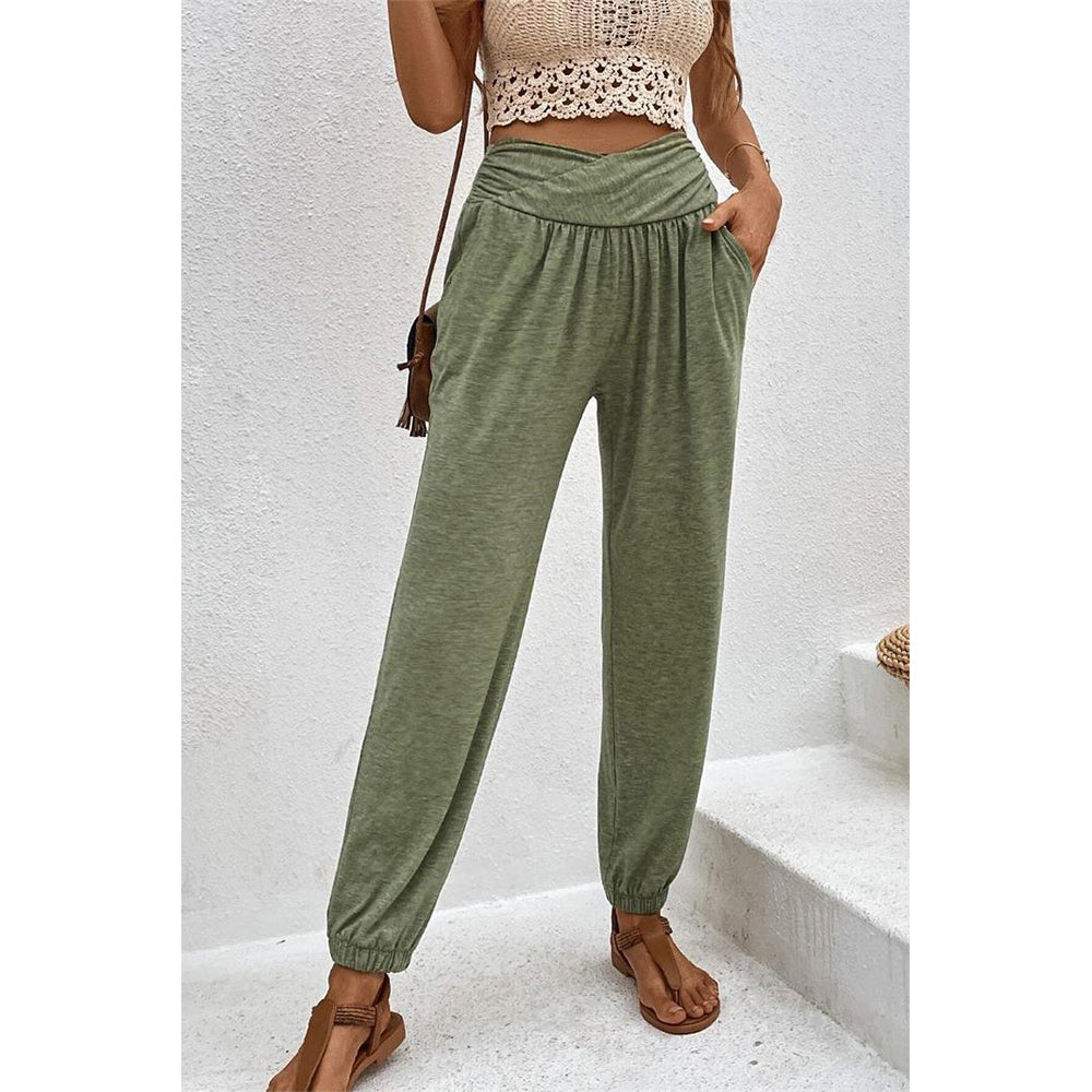 Attraco Women Cross Wrap High Waist Jogger Pants with Side Pockets Loungewear Trousers