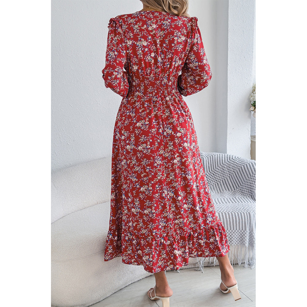 Attraco Women Surplice V Neck Smocked Long Sleeve Tiered Midi Ditsy Floral Dress