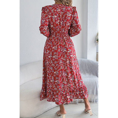 Attraco Women Surplice V Neck Smocked Long Sleeve Tiered Midi Ditsy Floral Dress