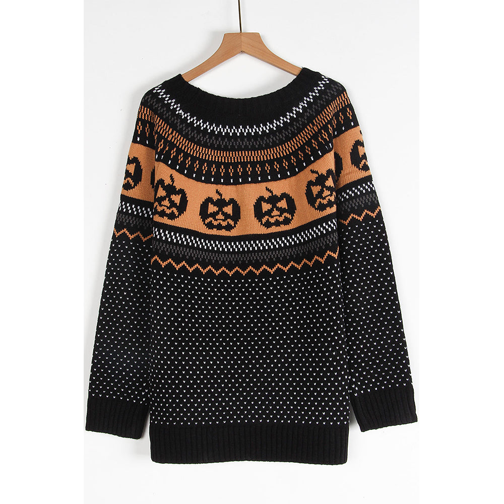 Attraco Women's Halloween Pumpkin Sweater Long Sleeve Crewneck Fair Isle Knit Pullover Fall Cozy Holiday Jumper