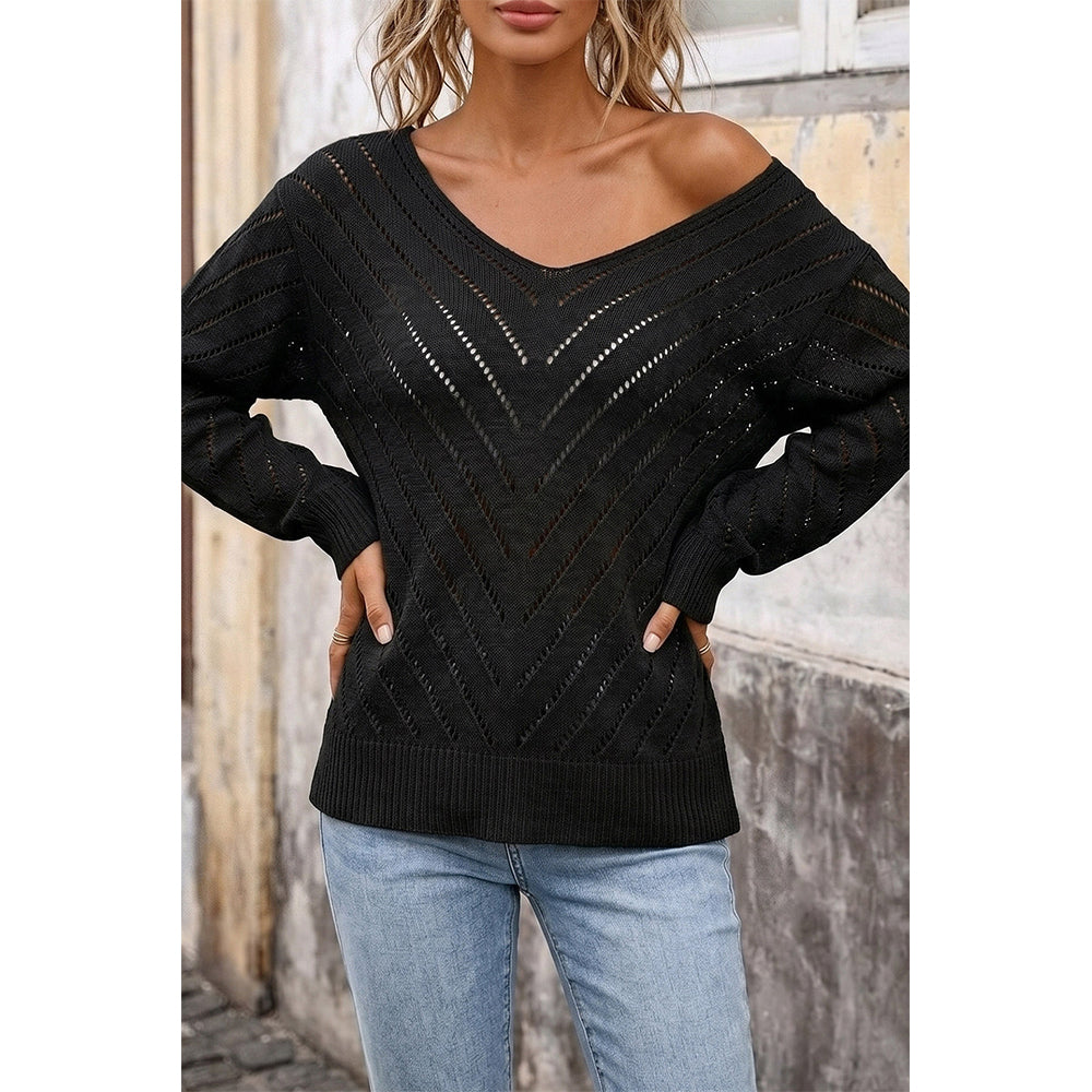 Attraco Women's Open Knit V Neck Sweater Long Sleeve Lightweight Hollow Out Pullover Top