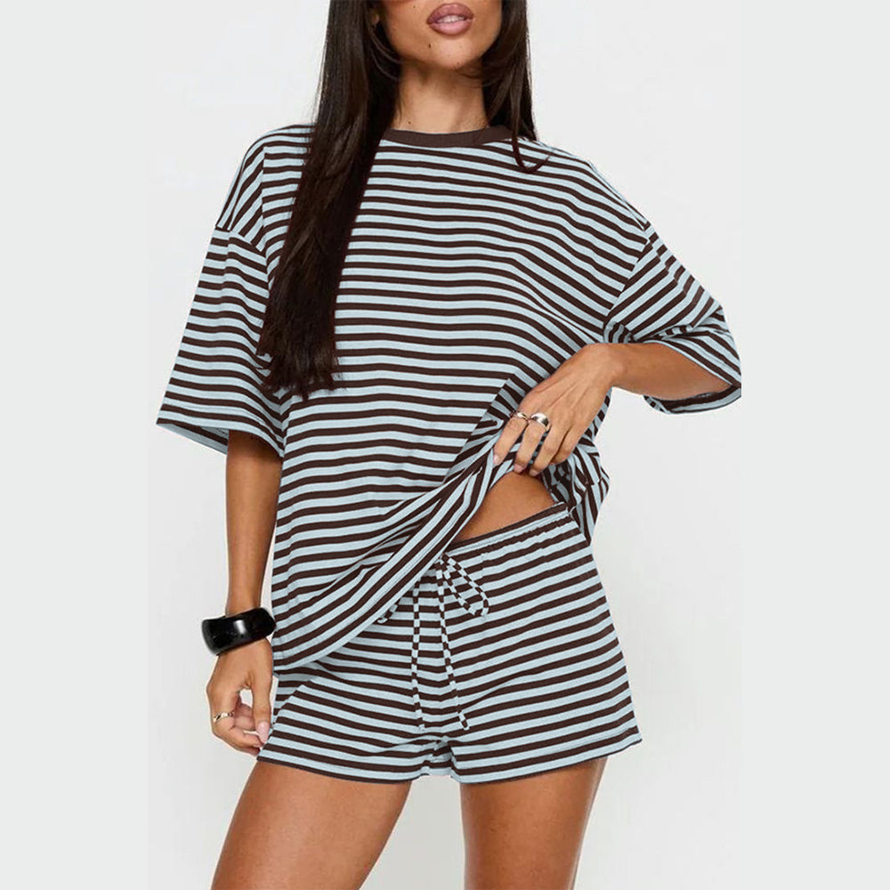 Attraco Women Striped Oversized Crew Neck Short Sleeve 2 Piece Pajama Loungewear Short Set