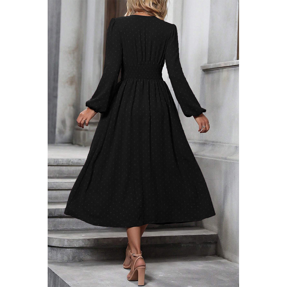 Attraco Women V Neck Bubble Dot Midi Dress Long Balloon Sleeve Ruched Waist Flowy Dress