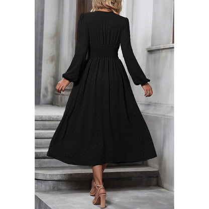 Attraco Women V Neck Bubble Dot Midi Dress Long Balloon Sleeve Ruched Waist Flowy Dress