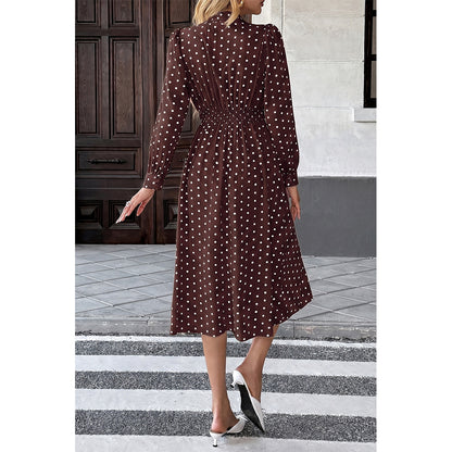 Attraco Women Bow Tie Neck Long Sleeve Polka Dot Midi Dress