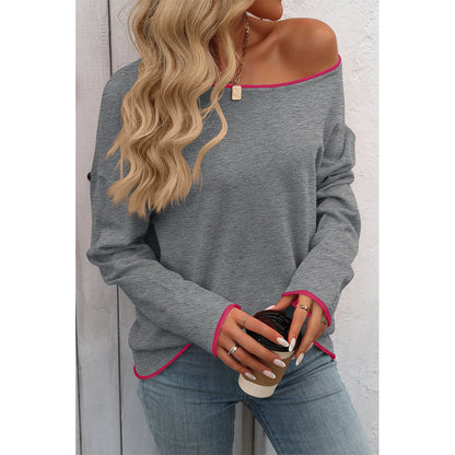 V For City Women's Contrast Trim Long Sleeve Crewneck Sweater Pollover Tops