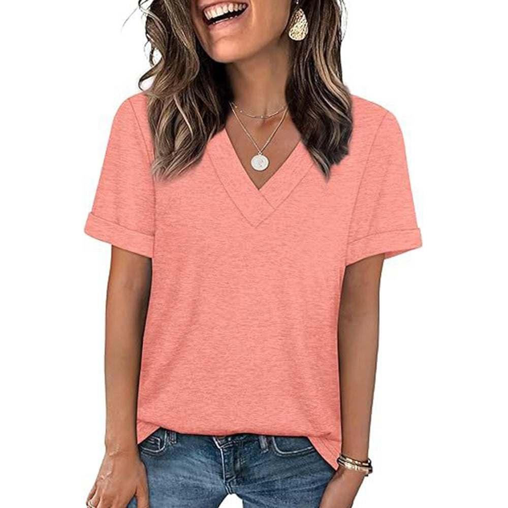 Attraco Women's V Neck Rolled Cuff Short Sleeve Loose Fit Casual T-Shirt Summer Tops