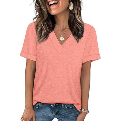 Attraco Women's V Neck Rolled Cuff Short Sleeve Loose Fit Casual T-Shirt Summer Tops