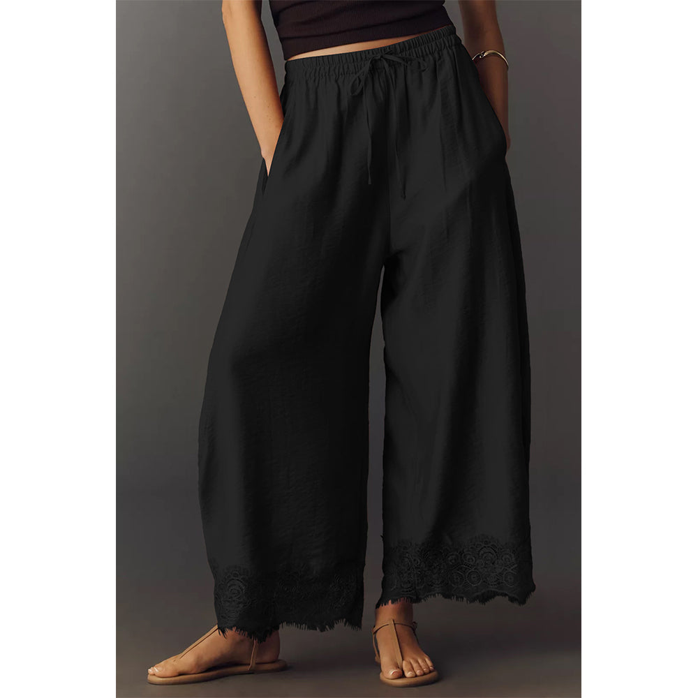 Attraco Women Elastic Drawstring High Waist Wide Leg Cropped Pants with Side Pockets and Lace Hem
