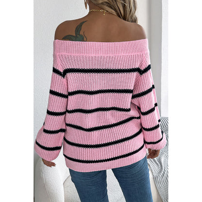 V For City Women's 2025 Autumn Winter Casual Striped Off-Shoulder Lantern Sleeve Pullover Sweater