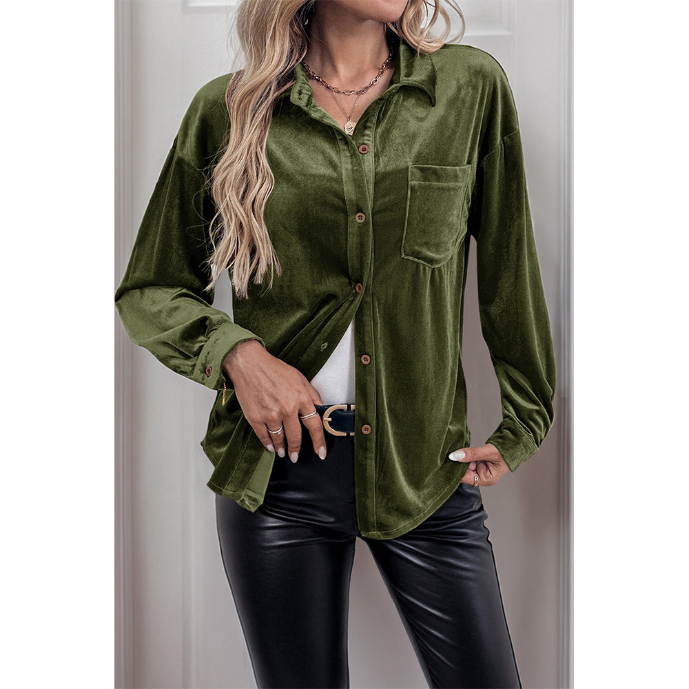 V For City Women's Velvet Collared Lantern Sleeve Button Down Shirts