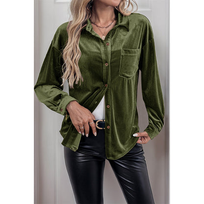 V For City Women's Velvet Collared Lantern Sleeve Button Down Shirts