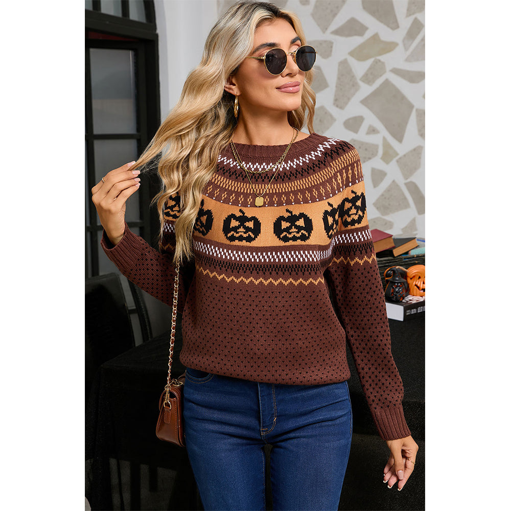 Attraco Women's Halloween Pumpkin Sweater Long Sleeve Crewneck Fair Isle Knit Pullover Fall Cozy Holiday Jumper