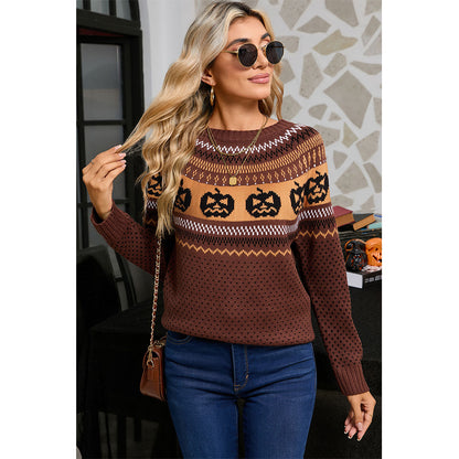 Attraco Women's Halloween Pumpkin Sweater Long Sleeve Crewneck Fair Isle Knit Pullover Fall Cozy Holiday Jumper