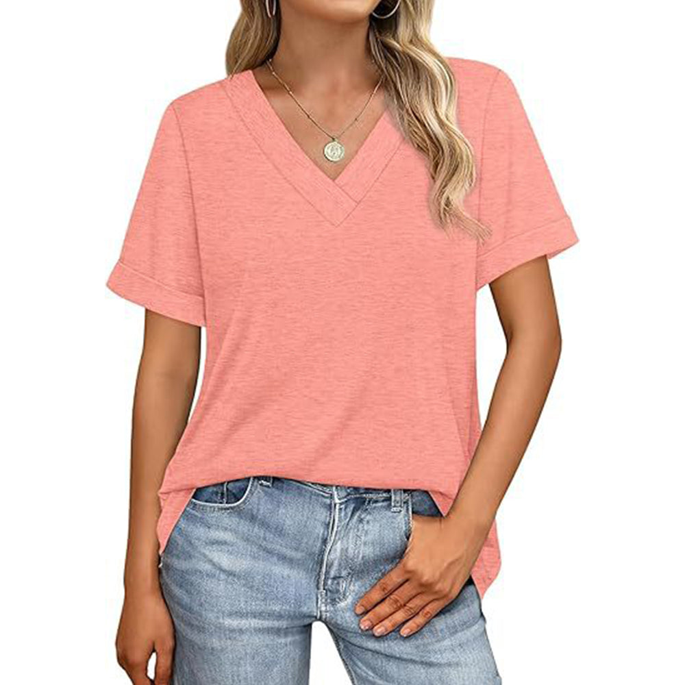 Attraco Women's V Neck Rolled Cuff Short Sleeve Loose Fit Casual T-Shirt Summer Tops
