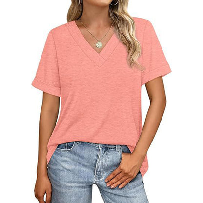 Attraco Women's V Neck Rolled Cuff Short Sleeve Loose Fit Casual T-Shirt Summer Tops