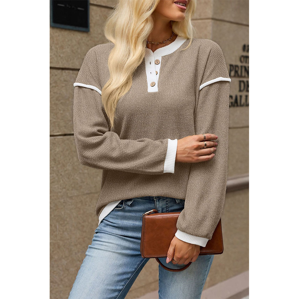 Attraco Women's Contrast Trim Henley Neck Long Sleeve Knit Top