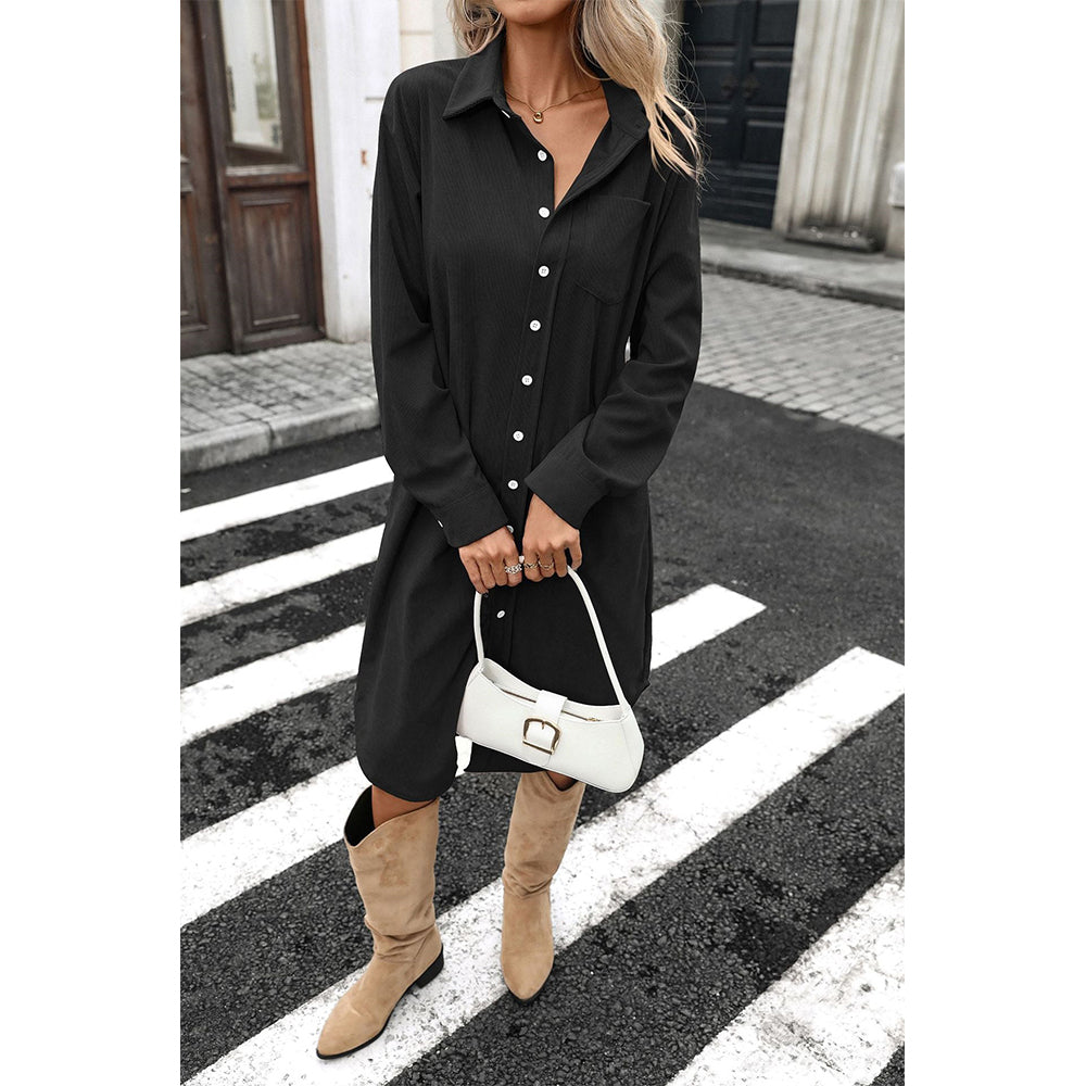 Attraco Women's Corduroy Shirt Dress, Solid Long Sleeve Button-Down Long Dress with Collar