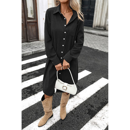 Attraco Women's Corduroy Shirt Dress, Solid Long Sleeve Button-Down Long Dress with Collar