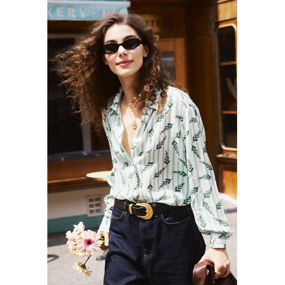 Attraco Women's Long Sleeve Leaf Print Button Down Blouse with Collared Neck