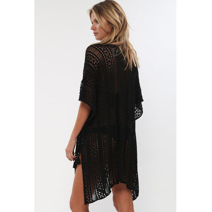 Charmo Women's Crochet Hollow Out V-Neck Side Slit Cover Ups With Asymmetrical Hem