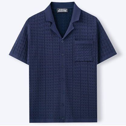 Attraco Men's Short Sleeve Textured Knit Camp Collar Button Front Shirt Summer Tops