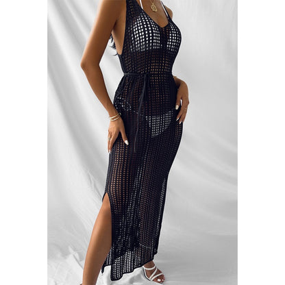 Charmo Women's Crochet Sleeveless Backless Maxi Cover Up Dress with Waist Drawstring & Side Slit