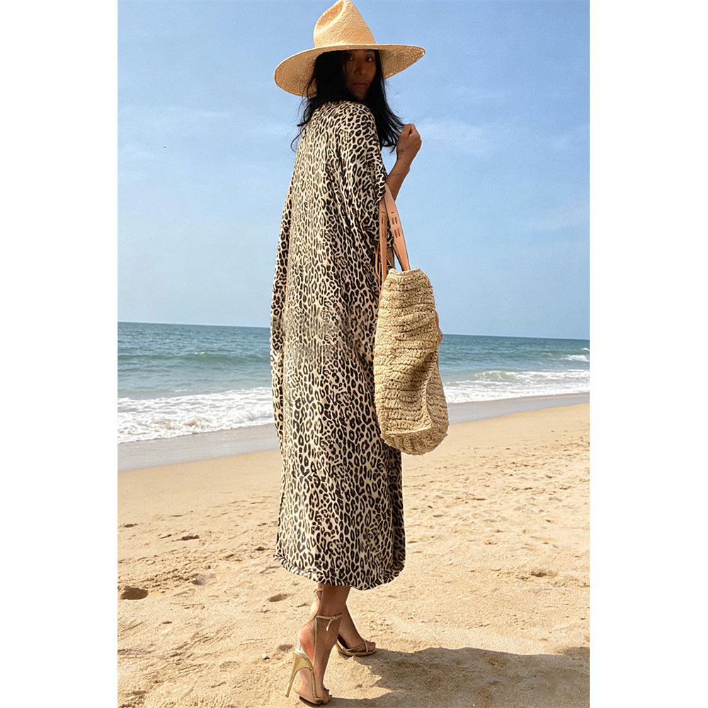 Charmo Women's Leopard Print Kimono Style Open Front Tie Waist Cover Up Swimming Maxi Dress