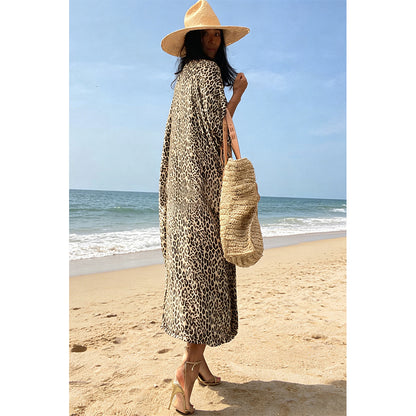Charmo Women's Leopard Print Kimono Style Open Front Tie Waist Cover Up Swimming Maxi Dress